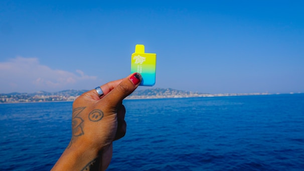 A hand with tattoos and a silver ring holds a colorful vape device. The background displays a clear blue sky and a vast ocean, with a distant, hazy coastline visible on the horizon.