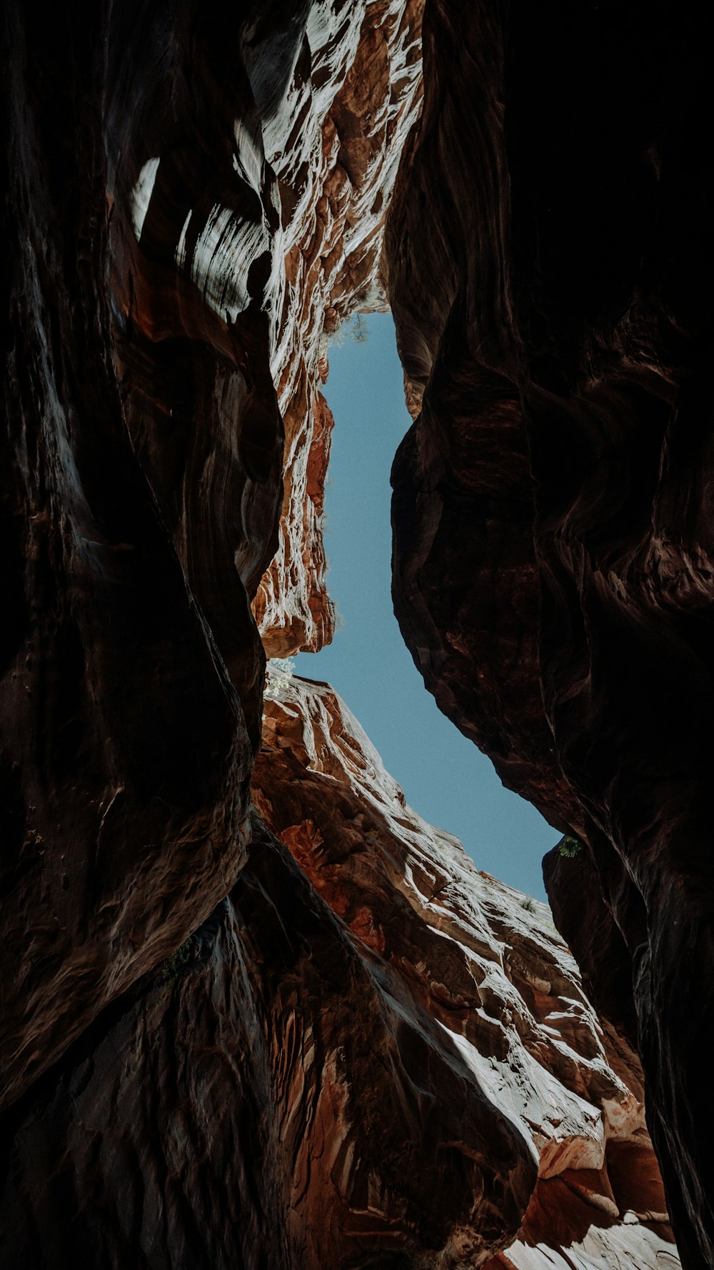 a view looking up at a snow covered mountain