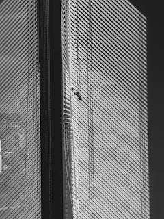 Sleek gray horizontal blinds partially open, casting gentle shadows on a minimalist white wall.