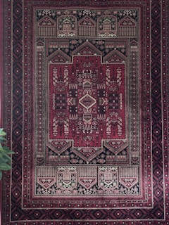 A detailed and intricate red and black patterned rug with geometric shapes and symmetrical designs. The rug features complex motifs and traditional patterns with an ornamental border. A glimpse of green leaves is visible at the bottom left corner.