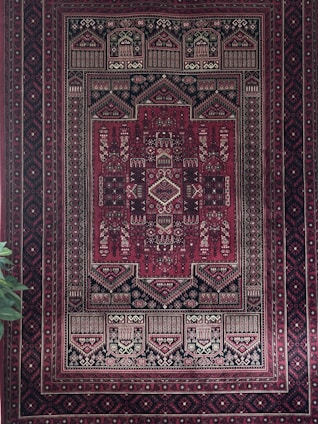 A detailed and intricate red and black patterned rug with geometric shapes and symmetrical designs. The rug features complex motifs and traditional patterns with an ornamental border. A glimpse of green leaves is visible at the bottom left corner.