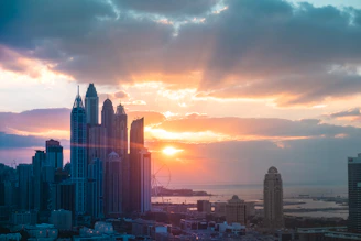 A modern city skyline at sunset symbolizing growth and opportunity.