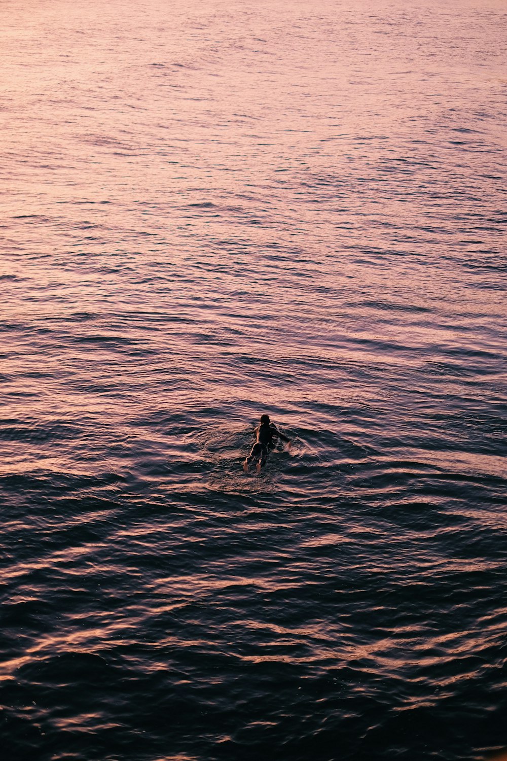 uma pessoa nadando no oceano ao pôr do sol