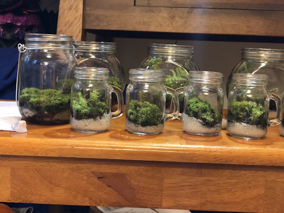 A colorful array of slime jars with cute pug illustrations on the labels, arranged on a cozy wooden table.