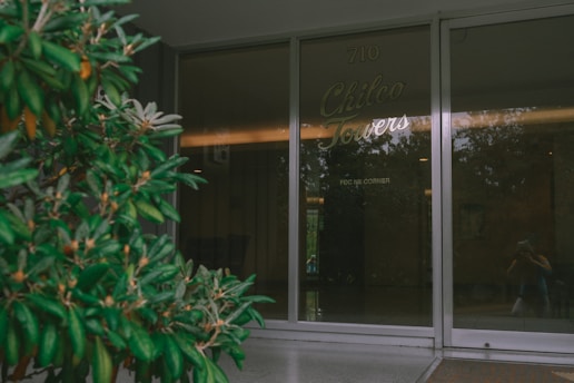 A glass door and window display the words 'Chilco Towers' with the number '710' above. A reflection partially obscures the view inside. A green leafy plant is prominently positioned on the left side of the image.