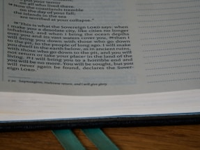A close-up of an open book with text primarily discussing a prophecy or a statement from the Sovereign Lord. The text is in English, possibly from a religious scripture, and has a structured layout on the page. The background includes a wooden surface and a green ribbon marker.
