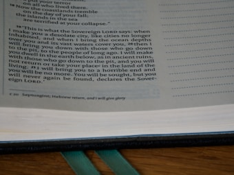 A close-up of an open book with text primarily discussing a prophecy or a statement from the Sovereign Lord. The text is in English, possibly from a religious scripture, and has a structured layout on the page. The background includes a wooden surface and a green ribbon marker.