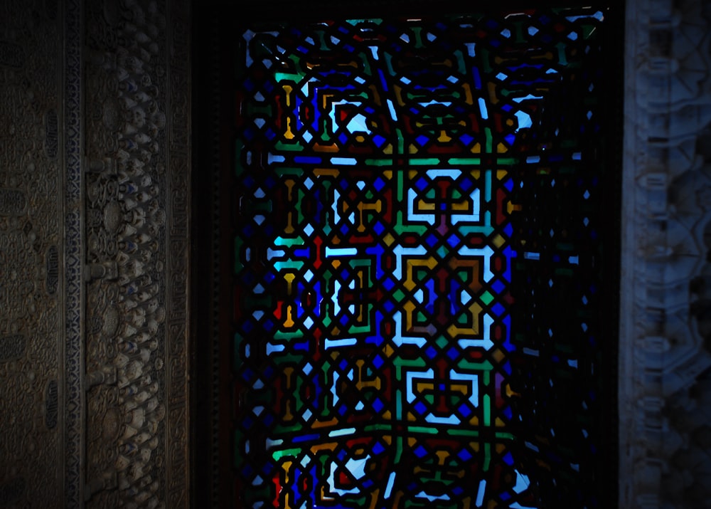 a stained glass window in a building