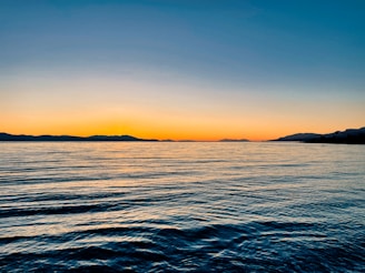 A serene ocean view at sunset with whale fins visible.