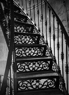 A spiral staircase with ornate, intricately patterned metalwork. The design features elegant scrolls and floral motifs, creating a gothic or Victorian ambiance. The lighting casts dramatic shadows, enhancing the texture and details of the staircase.