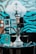 A hookah set on a black, cylindrical table with a vibrant background featuring wavy blue and black patterns. The hookah is transparent with water inside and has a hose attached. There is a small booklet or card near the base of the hookah along with a few small items.