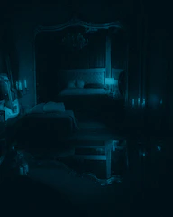 Dark, moody room with gothic decor: candelabras, skull motifs, and velvet drapes.