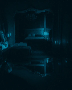 Dark, moody room with gothic decor: candelabras, skull motifs, and velvet drapes.