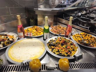 A vibrant restaurant setting with delicious food on display.