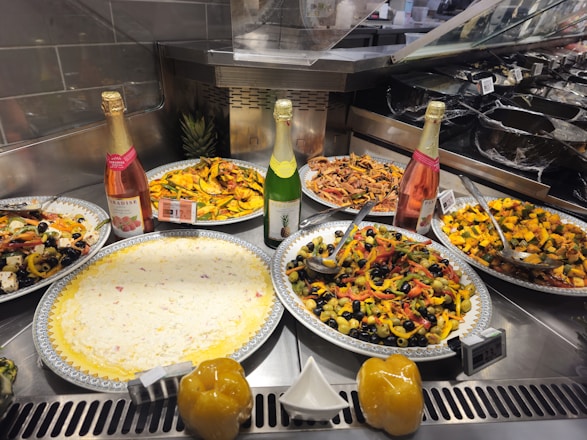 A vibrant restaurant setting with delicious food on display.