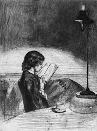 A focused young woman reading a book next to a steaming cup of coffee on a dimly lit table.