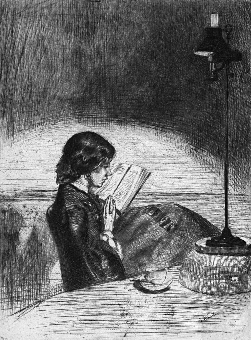 a drawing of a girl reading a book
