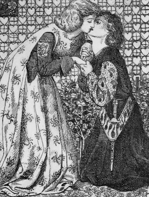 An intricately detailed black and white illustration of two people sharing a tender kiss. One person kneels while holding hands with the other, both dressed in medieval attire. The background features a pattern of hearts and circles.
