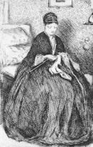 A woman is sitting in a room, wearing a long dress and a headscarf, engaged in sewing or embroidery. The background features a patterned wall with what appears to be a small picture frame and a shelf. The setting has a classical and intimate atmosphere.