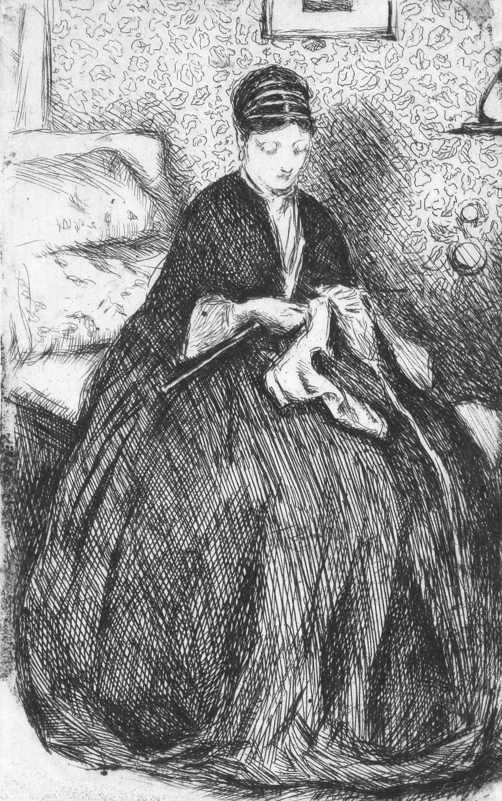 a drawing of a woman sitting on a couch