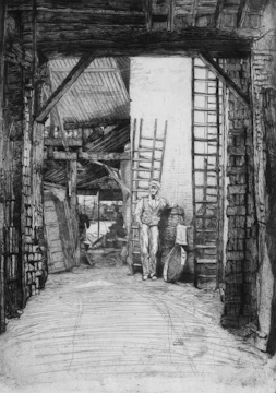 Charcoal-shaded sketch of an urban loft interior with visible structural beams and strategic lighting