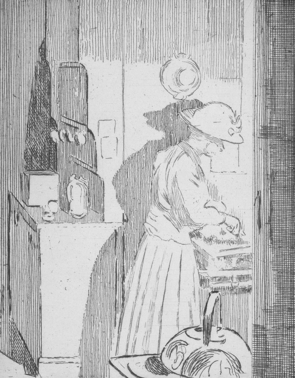 a drawing of a woman cooking in a kitchen