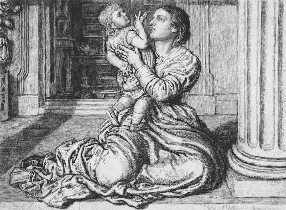 a drawing of a woman holding a child