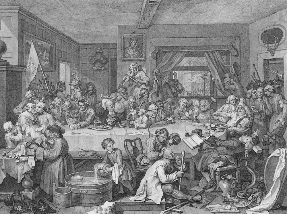 Eine Schwarz-Weiß-Zeichnung einer großen Gruppe von Menschen