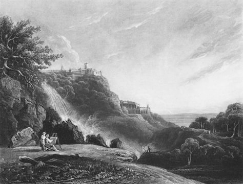 An artist is seated on a rocky ledge painting with a view of a sprawling landscape. A large tree with twisted branches occupies the left side, while a waterfall cascades over rocks below. In the distance, a venerable castle sits atop a steep, wooded hill, overlooking a vast expanse of land that stretches to the horizon.