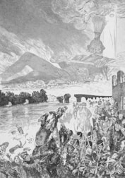 An intricate and dynamic black and white illustration depicting a historical or fantastical scene. The foreground shows soldiers, some on horseback, carrying rifles and interacting with various figures. In the background, large cloud formations reveal the face of a giant, whose head and hand holding a large broom emerge from the sky, adding an element of the surreal. A river flows behind the soldiers, crossed by a distant bridge with a backdrop of hills, trees, and buildings.