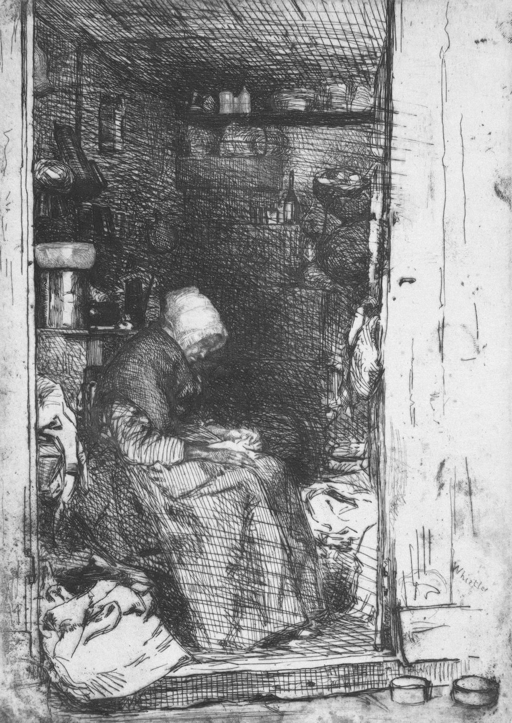 a drawing of a woman sitting in a room