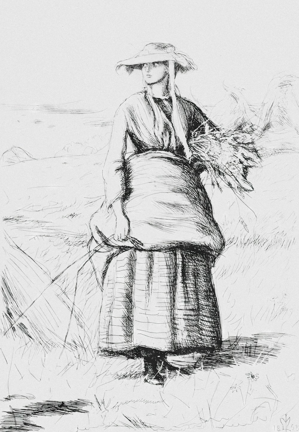 a black and white drawing of a woman in a field