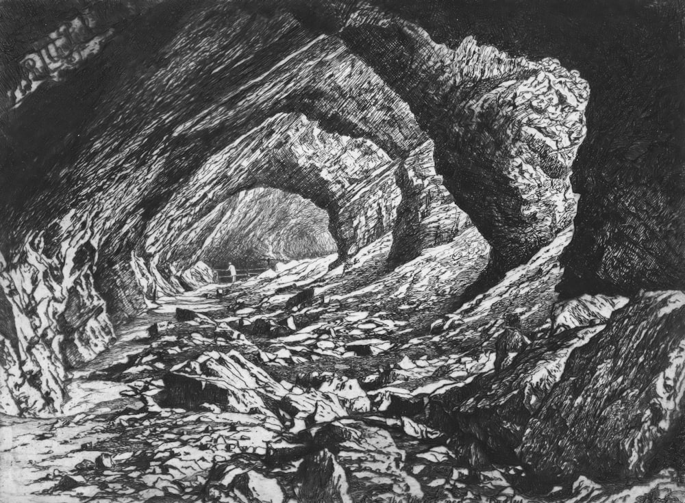 a black and white drawing of a cave