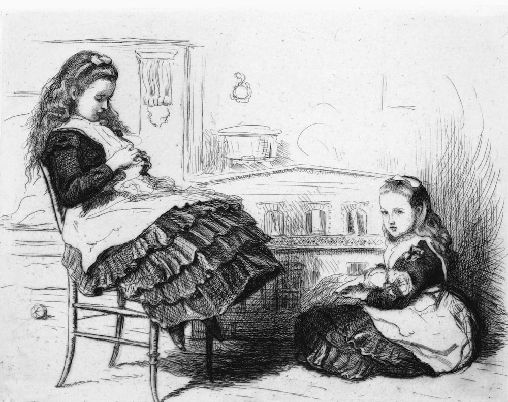 um desenho de duas mulheres sentadas em uma cadeira
