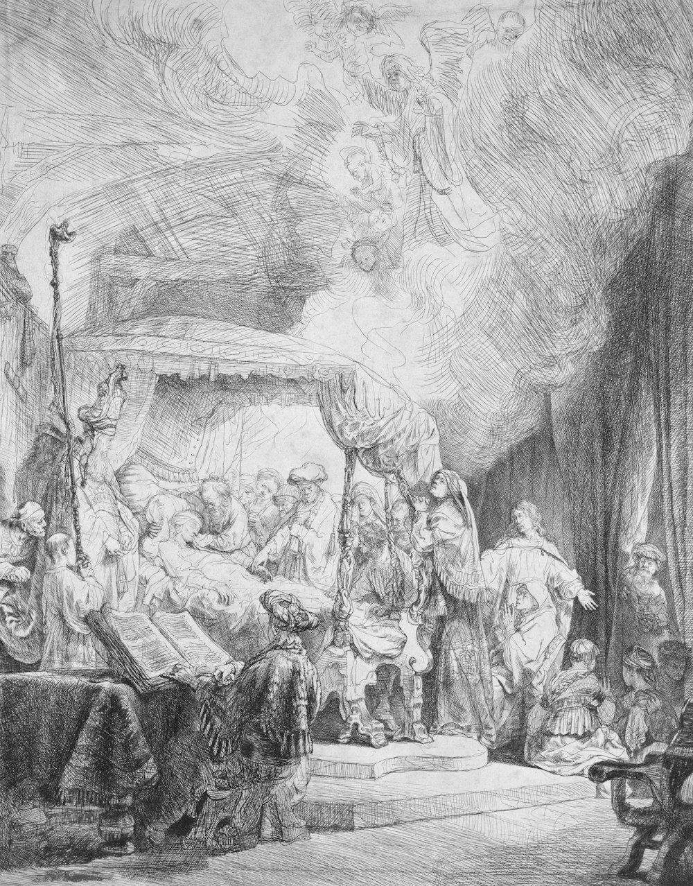 a drawing of a group of people in a room