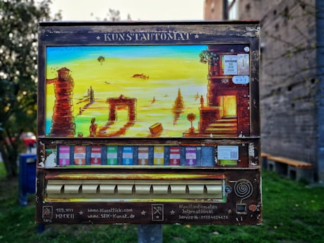 An art vending machine, labeled 'Kunstautomat,' features a vibrant painting of a surreal landscape with ancient ruins, figures, and a body of water. Below the painting, colorful slots for art packets are visible.