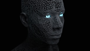 a man with blue eyes and a black background