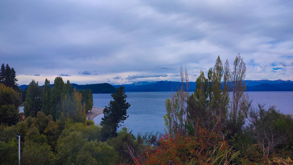 a lake surrounded by trees and mountains under a cloudy sky