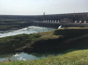 A massive hydroelectric dam spans across a wide river with water flowing from its openings. The foreground features lush green grass and vegetation covering the banks, while a flow of water is seen moving towards the dam structure.