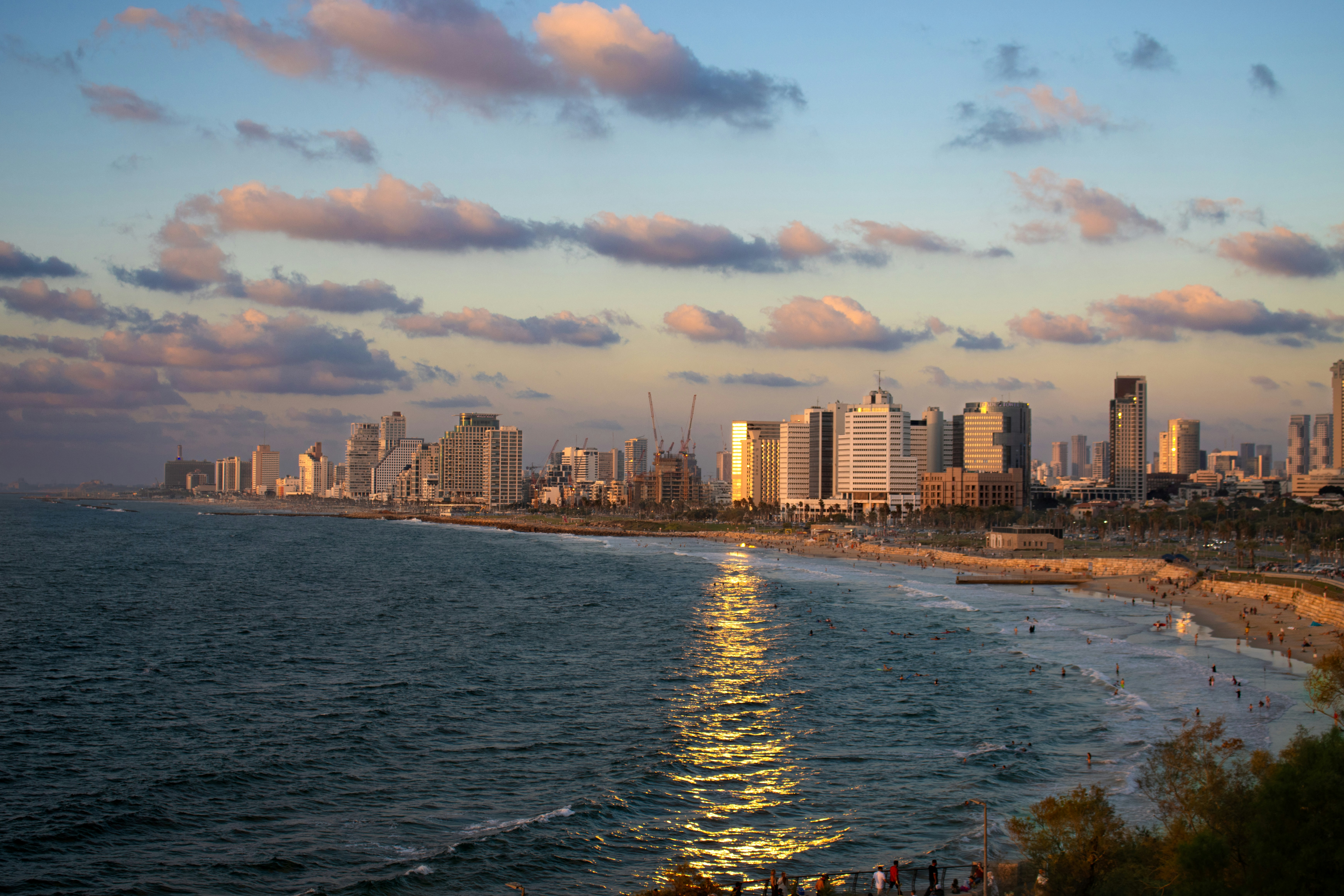 a view of a beach with a city in the background