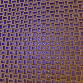An intricate pattern of interlocking wooden blocks creates a geometric grid. The blocks are arranged in a lattice formation, with some gaps revealing a deep blue background beneath. Small white star-like patterns are visible on the blue sections.