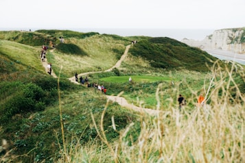 A scenic pathway weaves through lush green hills with a group of people walking along the trail. The hills are covered in vegetation, and a coastline is visible in the distance. The sky is overcast, adding a serene tranquility to the landscape.