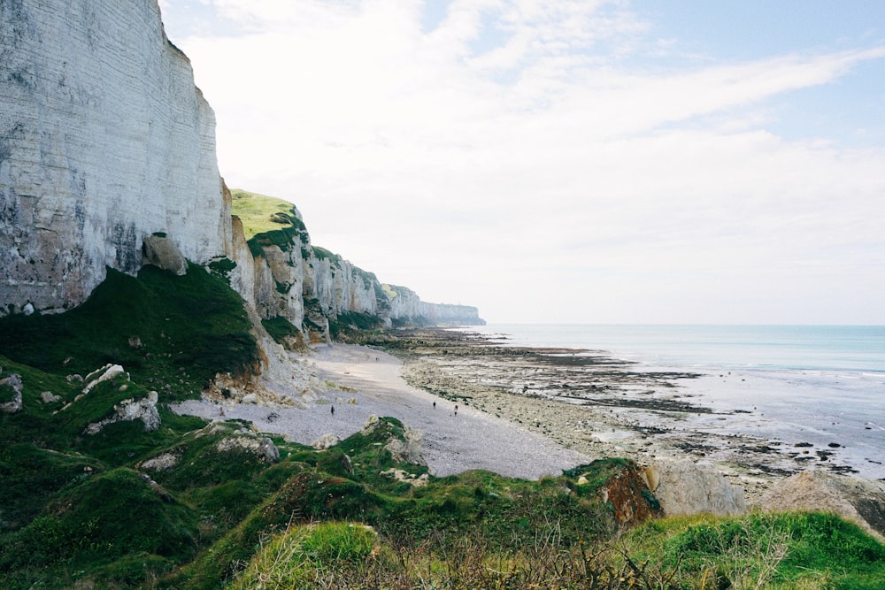 a view of a beach with a cliff in the background