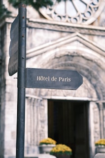 A street sign with the words 'Hôtel de Paris' points towards a stone building with an arched entrance. The background features part of the building's facade, which includes a large circular stained glass window and potted plants with yellow flowers near the entrance.