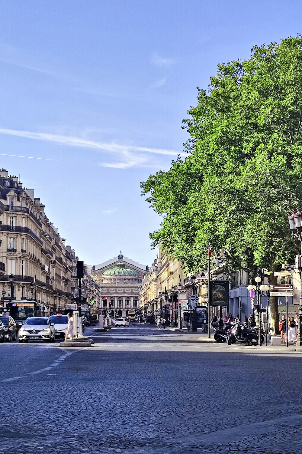 a city street lined with tall buildings and trees