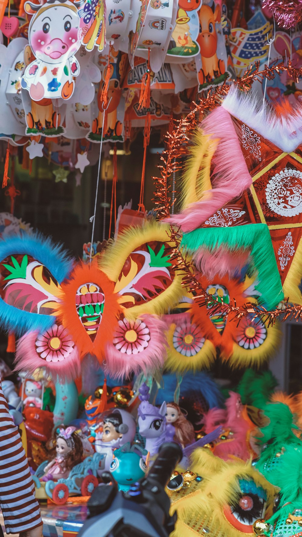 a display of colorful decorations and decorations for sale