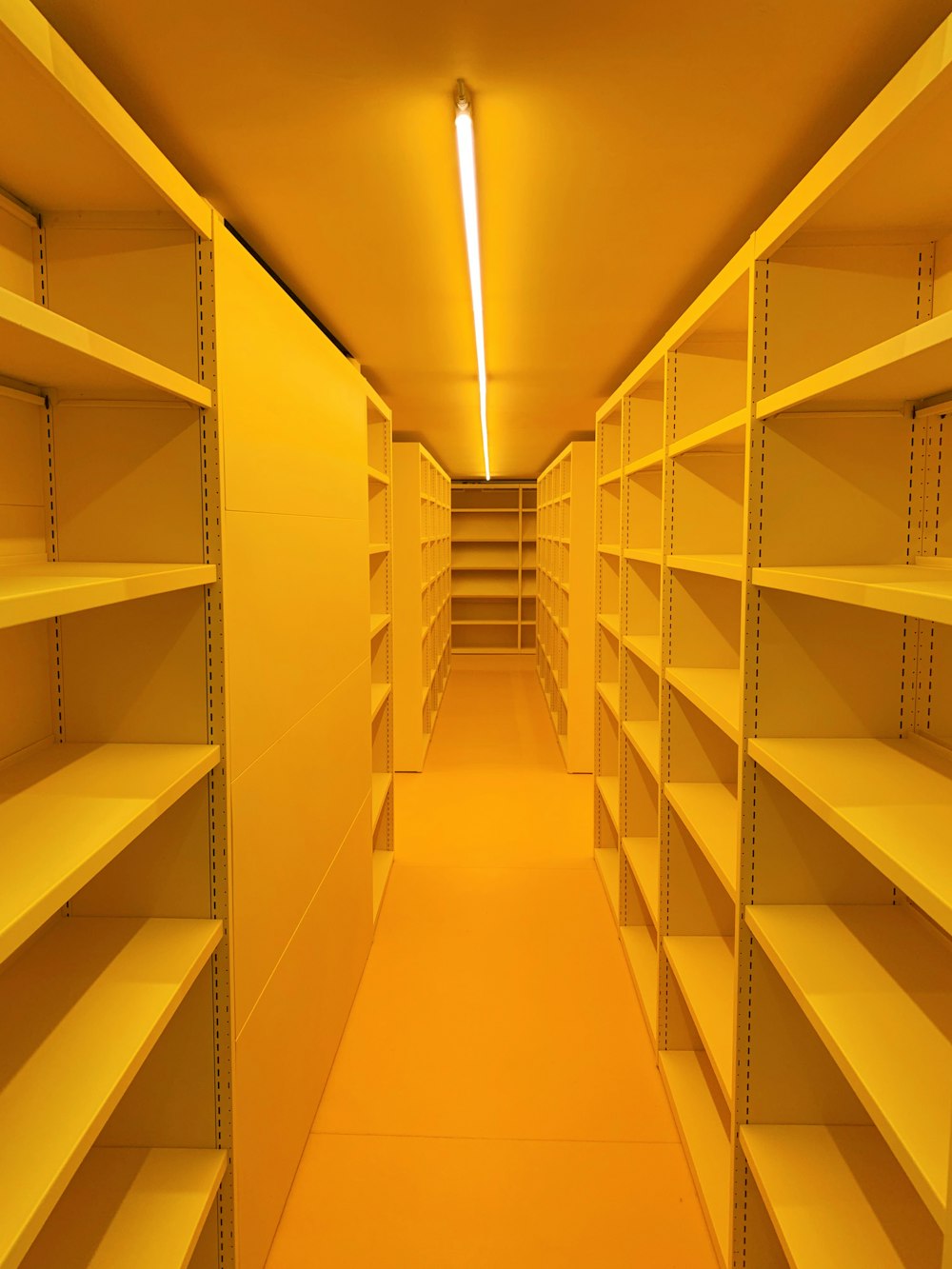 a long row of shelves in a yellow room