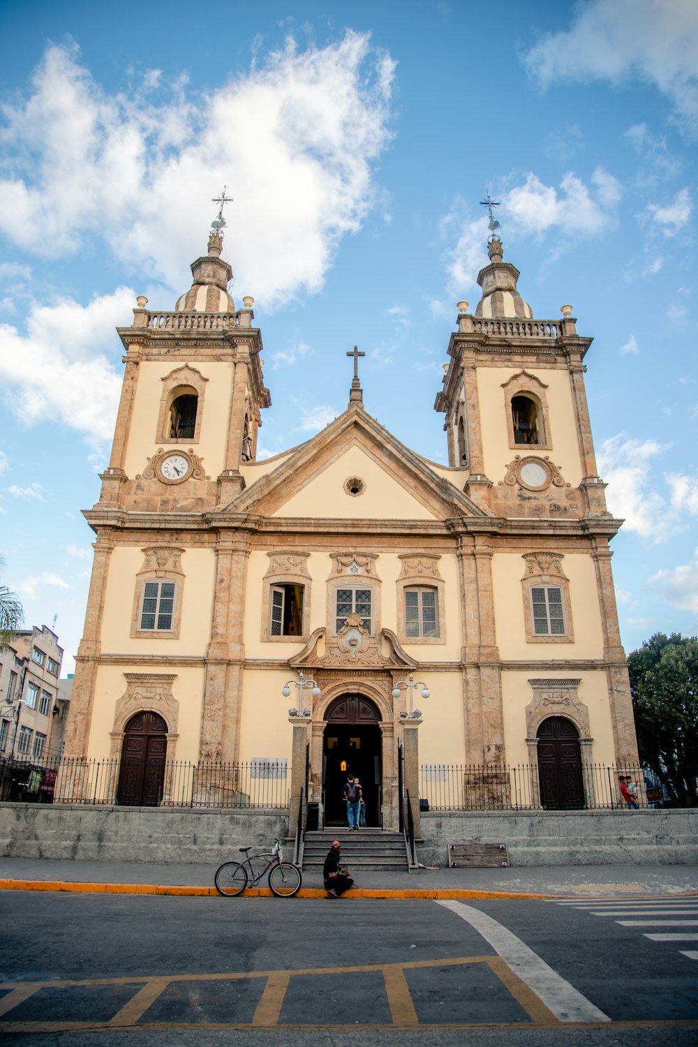 a church with a bicycle parked in front of it