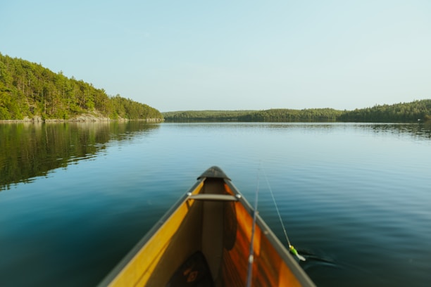 A serene lake with fishing gear displayed.