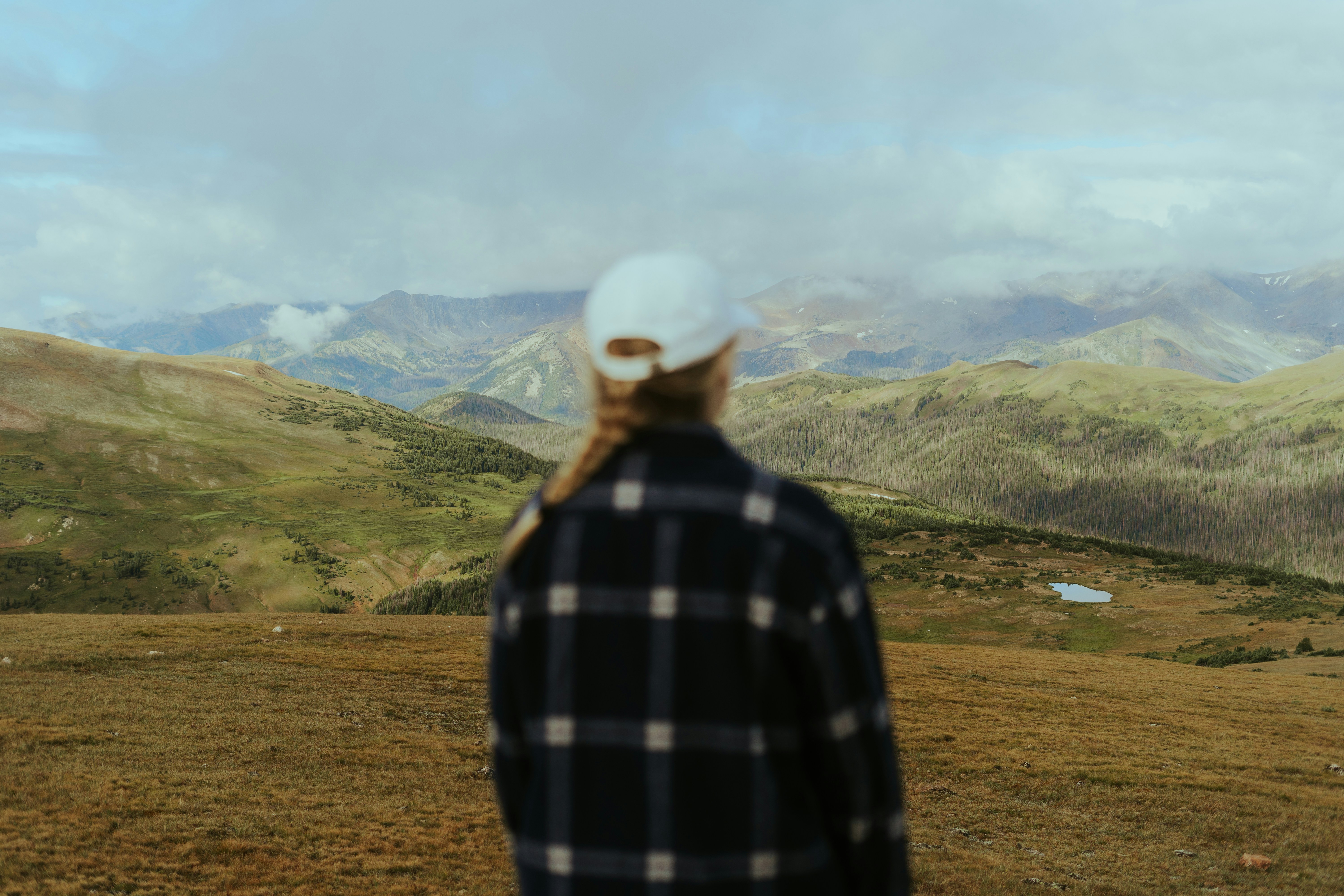a person standing in a field with mountains in the background